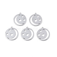 201 Stainless Steel Pendants, Flat Round with Star & Moon, Stainless Steel Color, 25.5x23x1.5mm, Hole: 1.8mm(STAS-T063-184P)