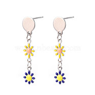Flower Enamel Long Dangle Stud Earrings, Stainless Steel Color Plated 304 Stainless Steel Jewelry for Women, Dark Blue, 36x8mm, Pin: 0.8mm(EJEW-N049-02B)