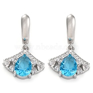 Brass Pave Cubic Zirconia Ginkgo Leaf Hoop Earrings for Women, Platinum, Deep Sky Blue, 29x18mm(EJEW-I304-30P-05)