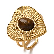 Oval Natural Tiger Eye Finger Rings, Heart Shape Golden Tone 304 Stainless Steel Open Cuff Rings for Women, Inner Diameter: adjustable(RJEW-Q822-21G-02)