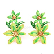 Saint Patrick's Day Theme Zinc Alloy Dangle Stud Earrings, Flower, Lime Green, 46x31.5mm(EJEW-Z030-01B-LG)