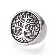 304 Stainless Steel Wide Band Rings, Flat Round with Tree of Life, Antique Silver, Size 7~12, 17~22mm(RJEW-D073-10-AS)