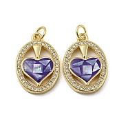 Brass Micro Pave Cubic Zirconia Pendants, with Enamel Shell, Oval with Heart, Dark Slate Blue, 21x14x4mm(KK-H457-01G-01)