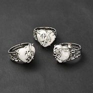 Natural Howlite Adjustable Rings, Platinum Tone Heart with Flower Brass Rings for Women, Cadmium Free & Lead Free, US Size 6 3/4(17.1mm), 4.5~9mm(RJEW-P043-03P-10)