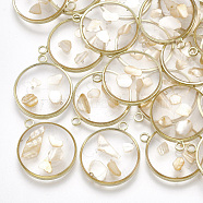 Epoxy Resin Pendants, with Shell Inside and Brass Findings, Flat Round, Light Gold, Wheat, 18.5x16x2~3mm, Hole: 1.5mm(RESI-S360-04C)