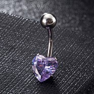Piercing Jewelry, Brass Cubic Zirconia Navel Ring, Belly Rings, with 304 Stainless Steel Bar, Lead Free & Cadmium Free, Heart, Platinum, Medium Purple, 20x8mm, Bar: 15 Gauge(1.5mm), Bar Length: 3/8"(10mm)(AJEW-EE0006-25E)