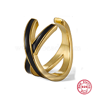 Real 18K Gold Plated 925 Sterling Silver Criss Cross Cuff Earring, with Enamel, Black, 13x13mm(PZ2536-5)