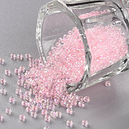 11/0 Grade A Transparent Glass Seed Beads, Inside Color, AB Color Plated, Pink, 2.3x1.5mm, Hole: 1mm, about 5380/50g(X-SEED-N001-E-308)