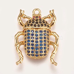 Brass Micro Pave Cubic Zirconia Pendants, Beetle, Blue, Golden, 22.5x16.5x4mm, Hole: 1.5mm(ZIRC-K078-04G)