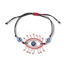 Horse Eye Glass Seed Beaded Link Bracelet Sets, Adjustable Handmade Evil Eye Lampwork Braided Bead Stackable Bracelets, Red, Inner Diameter: 2-1/2~3-1/2 inch(6.3~9cm)(BJEW-MZ00074-01)