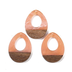 Resin & Wood Pendants, Hollow Teardrop Charms, Light Salmon, 37.5x28x3.5mm, Hole: 2mm(WOOD-F015-17B)