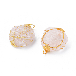 Natural Rose Quartz Pendants, Wire Wrapped Pendants, with Golden Plated Brass WiresBrass Wires, Flat Round with Tree of Life, 46~49x37~39x16.5~17.5mm, Hole: 7~9.5x6~7mm(G-E564-02A-G)
