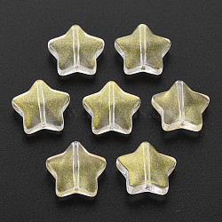 Two Tone Transparent Spray Painted Glass Beads, with Glitter Powder, Star, Pale Goldenrod, 12.5x13x5mm, Hole: 1mm(GLAA-T022-25-A01)