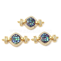 Rack Plating Brass Micro Pave Clear Cubic Zirconia Rhombus Links Connector Charms, with Enamel & Shell, Real 18K Gold Plated, Long-Lasting Plated, Lead Free & Cadmium Free, Indigo, 14x26x4mm, Hole: 1.4mm(KK-K385-105G-02)