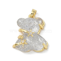 Rack Plating Brass Pendant, with Cubic Zirconia and Resin, Lead Free & Cadmium Free, Long-Lasting Plated, Bear, White, 24x20.5x8.5mm, Hole: 4.5x3mm(KK-H476-03G-05)