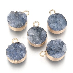 Natural Druzy Agate Pendants, with Real 18K Gold Plated Brass Finding, Long-Lasting Plated, Flat Round, Dyed, Steel Blue, 18~20x14x5~10mm, Hole: 2~3mm(G-L566-A03)