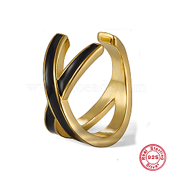 Real 18K Gold Plated 925 Sterling Silver Criss Cross Cuff Earring, with Enamel, Black, 13x13mm(PZ2536-5)