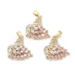 Rack Plating Brass Micro Pave Pink Cubic Zirconia Pendants, Swan Charms, Long-Lasting Plated, Cadmium Free & Lead Free, Real 18K Gold Plated, 19x18.5x6mm, Hole: 2.5x4mm(KK-G482-13G)