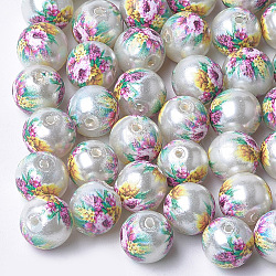 Printed & Spray Painted Imitation Pearl Glass Beads, Round with Flower Pattern, Gainsboro, 8~8.5x7.5mm, Hole: 1.4mm(GLAA-S047-06A-11)