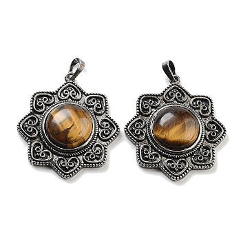 Natural Tiger Eye & Brass Pendants, Antique Silver, Sun Charm, 43.5x39.5x9mm, Hole: 9.5x5.5mm