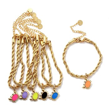 Brass Enamel Crab Charm Bracelets, with Stainless Steel Rope Chains and Cubic Zirconia, Golden, Mixed Color, 6-3/4 inch(17cm)