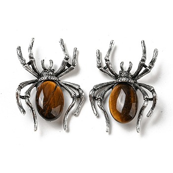 Dual-use Items Alloy Pave Jet Rhinestone Spider Brooch, with Natural Tiger Eye, Antique Silver, 57.5x41.5x12mm, Hole: 4.5x4mm