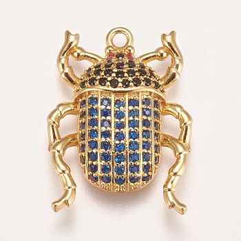 Brass Micro Pave Cubic Zirconia Pendants, Beetle, Blue, Golden, 22.5x16.5x4mm, Hole: 1.5mm