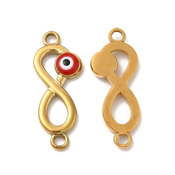 201 Stainless Steel Enamel Connector Charms, Real 24K Gold Plated, Infinity Links with Evil Eye, Red, 24x9x2.5mm, Hole: 1.8mm