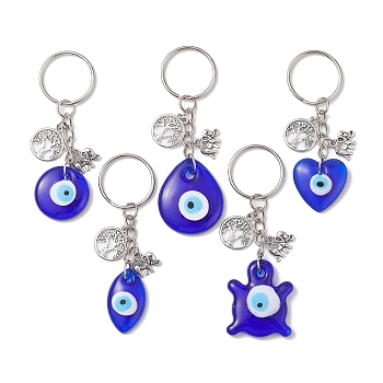 Glass Evil Eye Pendants Keychain, with Tree of Life & Elephant Alloy Findings, Mixed Shapes, 7.7~9cm