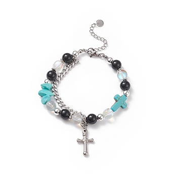 Natural & Synthetic Mixed Stone Beaded Bracelet with Cross Charm, 304 Stainless Steel Jewelry for Men Women, Turquoise(Dyed), 7-5/8 inch(19.4cm)