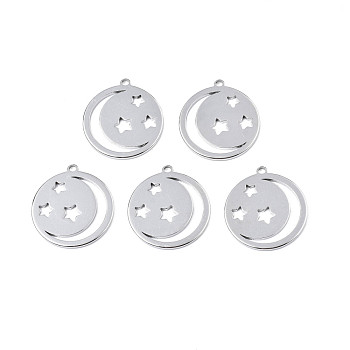 201 Stainless Steel Pendants, Flat Round with Star & Moon, Stainless Steel Color, 25.5x23x1.5mm, Hole: 1.8mm
