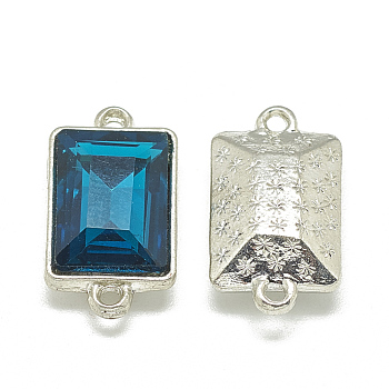 Alloy Glass Links connectors, Faceted, Rectangle, Platinum, Teal, 21x12x6mm, Hole: 1.5mm