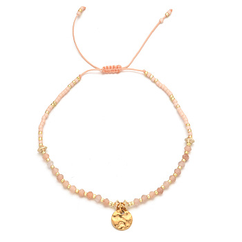 Natural Pink Aventurine Braided Bead Bracelet, Adjustable Bracelet with Flat Round Charms, 