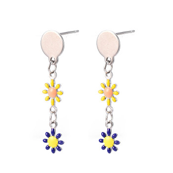 Flower Enamel Long Dangle Stud Earrings, Stainless Steel Color Plated 304 Stainless Steel Jewelry for Women, Dark Blue, 36x8mm, Pin: 0.8mm