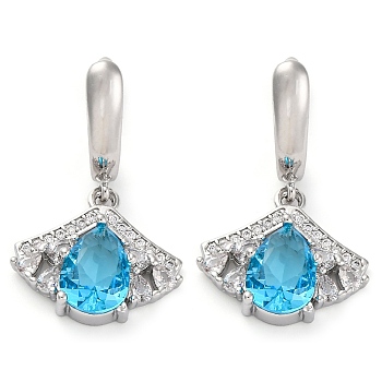 Brass Pave Cubic Zirconia Ginkgo Leaf Hoop Earrings for Women, Platinum, Deep Sky Blue, 29x18mm