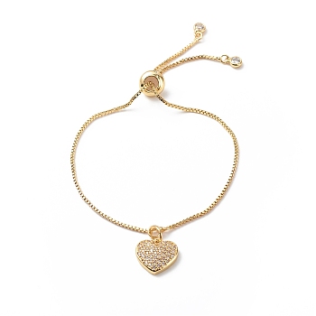 Clear Cubic Zirconia Heart Pendant Slider Bracelet with Brass Box Chains for Women, Golden, Inner Diameter: 1-7/8~2-5/8 inch(4.9~6.6cm)