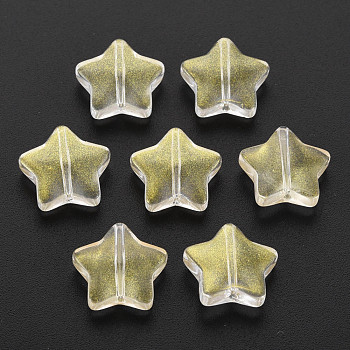 Two Tone Transparent Spray Painted Glass Beads, with Glitter Powder, Star, Pale Goldenrod, 12.5x13x5mm, Hole: 1mm