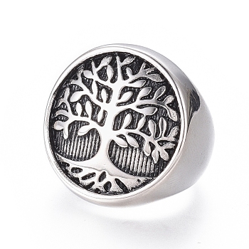 304 Stainless Steel Wide Band Rings, Flat Round with Tree of Life, Antique Silver, Size 7~12, 17~22mm