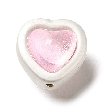 Alloy & Transparent Glass Beads, Matte Silver Color, Two-sided Heart Shape Beads, Pearl Pink, 11x11.5x10.5mm, Hole: 1mm