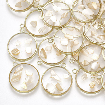Epoxy Resin Pendants, with Shell Inside and Brass Findings, Flat Round, Light Gold, Wheat, 18.5x16x2~3mm, Hole: 1.5mm