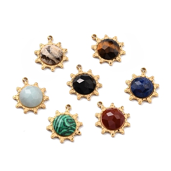 Natural Gemstone Pendants, with Ion Plating(IP) 304 Stainless Steel Findings, Real 24K Gold Plated, Mixed Dyed and Undyed, Faceted, Sun, 17x14x4mm, Hole: 1.4mm