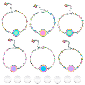 Blank Dome Flat Round Link Bracelet Making Kit, Including 304 Stainless Steel Bracelet Making with Cabochon Settings, Glass Cabochons, Rainbow Color, 14Pcs/box