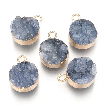 Natural Druzy Agate Pendants, with Real 18K Gold Plated Brass Finding, Long-Lasting Plated, Flat Round, Dyed, Steel Blue, 18~20x14x5~10mm, Hole: 2~3mm