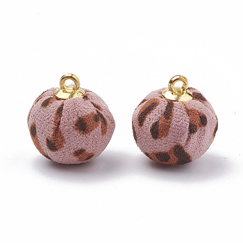 Handmade Cloth Fabric Covered Pendants, with Golden Tone Alloy Findings, Round, Pink, 16~17x14mm, Hole: 1.5mm