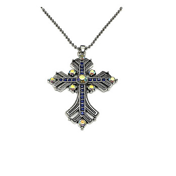 Cross Rhinestone Pendant Necklaces, with Antique Silver Alloy Ball Chains, Sapphire, 27.56 inch(70cm)