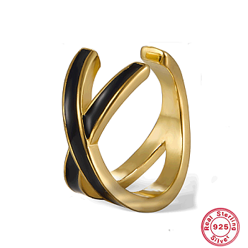 Real 18K Gold Plated 925 Sterling Silver Criss Cross Cuff Earring, with Enamel, Black, 13x13mm