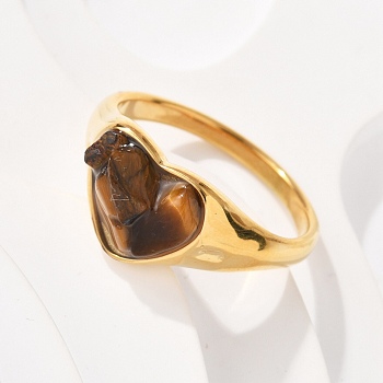 Heart Natural Tiger Eye Finger Rings, 304 Stainless Steel Rings, Real 18K Gold Plated, 10mm, US Size 7(17.3mm)