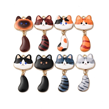 Alloy Enamel Pendants, Cat Shape Charms, Golden, Mixed Color, 40.5x19.5x3mm, Hole: 1.8mm