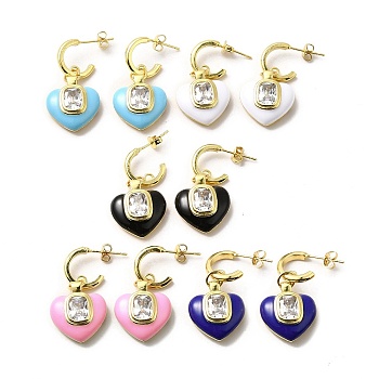 Enamel Heart Dangle Stud Earrings with Clear Cubic Zirconia, Real 18K Gold Plated Brass Jewelry for Valentine's Day, Mixed Color, 32.5mm, Pin: 0.7mm