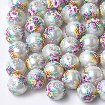 Printed & Spray Painted Imitation Pearl Glass Beads, Round with Flower Pattern, Gainsboro, 8~8.5x7.5mm, Hole: 1.4mm
